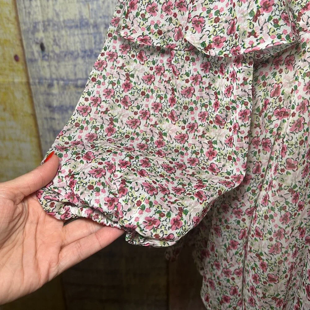 M/L Floral Print Long Sleeve Eyelet Ruffled Mini Tie Waist Dress - Picture 6 of 7